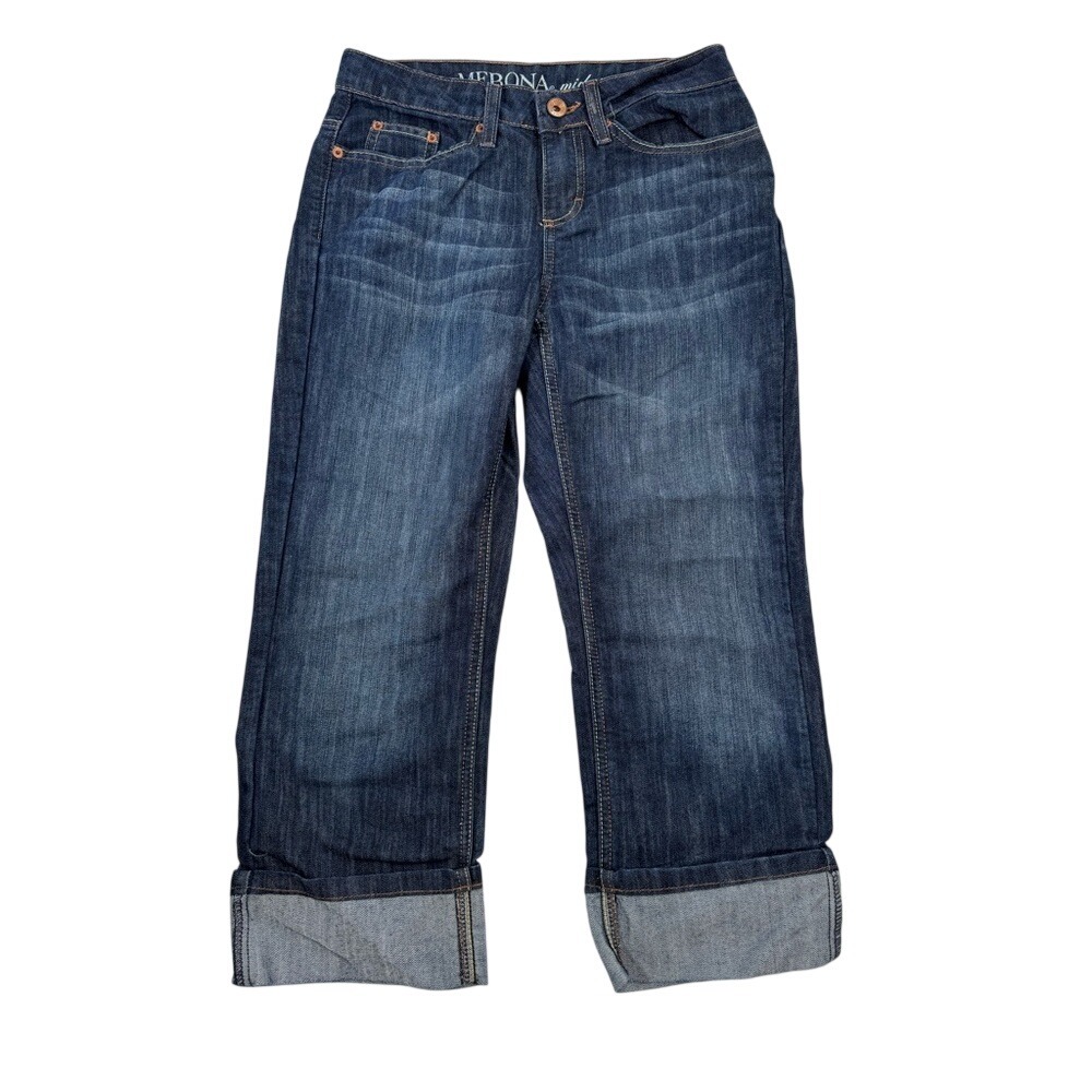 Merona Mid Rise Cropped Cuffed Jeans Dark Wash Blue Denim Size 2